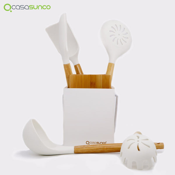 Kitchen Utensil Set With Holder-Beech Wood & Silicone Heat-Resistant Non-stick Kitchen Utensil Skimmer Spoon Ladle By CASASUNCO