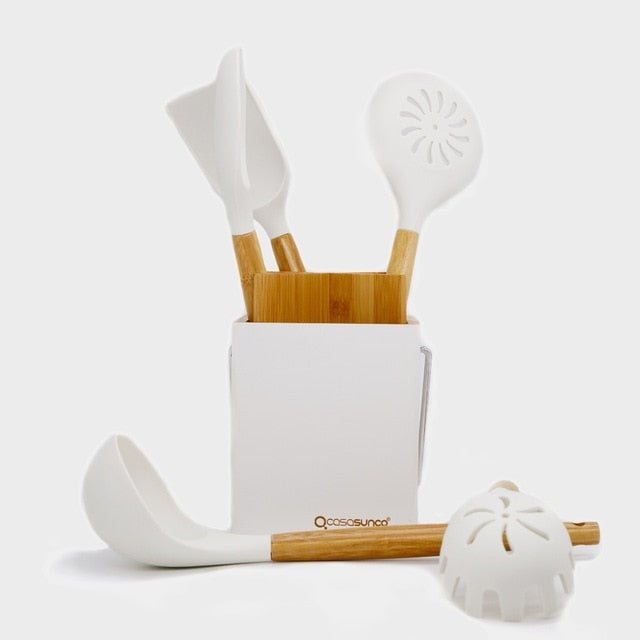 Kitchen Utensil Set With Holder-Beech Wood & Silicone Heat-Resistant Non-stick Kitchen Utensil Skimmer Spoon Ladle By CASASUNCO