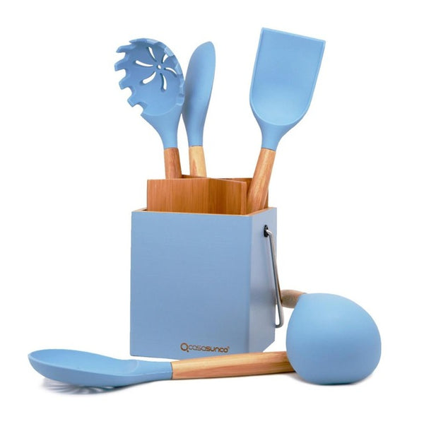 Kitchen Utensil Set With Holder-Beech Wood & Silicone Heat-Resistant Non-stick Kitchen Utensil Skimmer Spoon Ladle By CASASUNCO